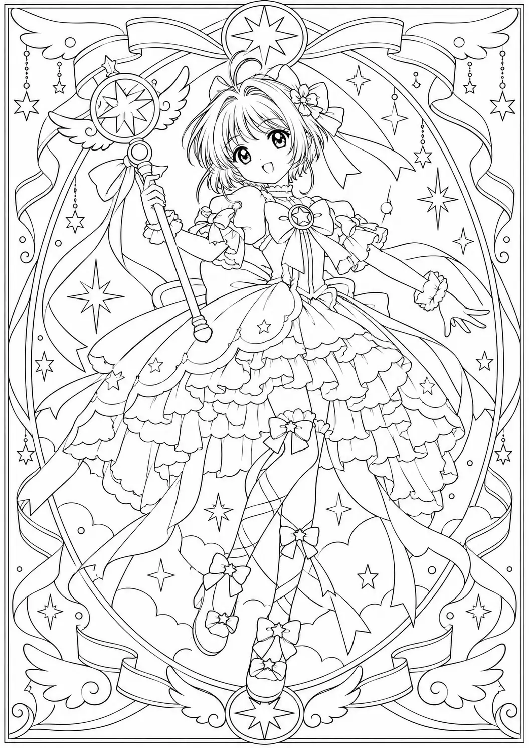 Sakura posing in a detailed magical costume with ribbons, stars and her wand