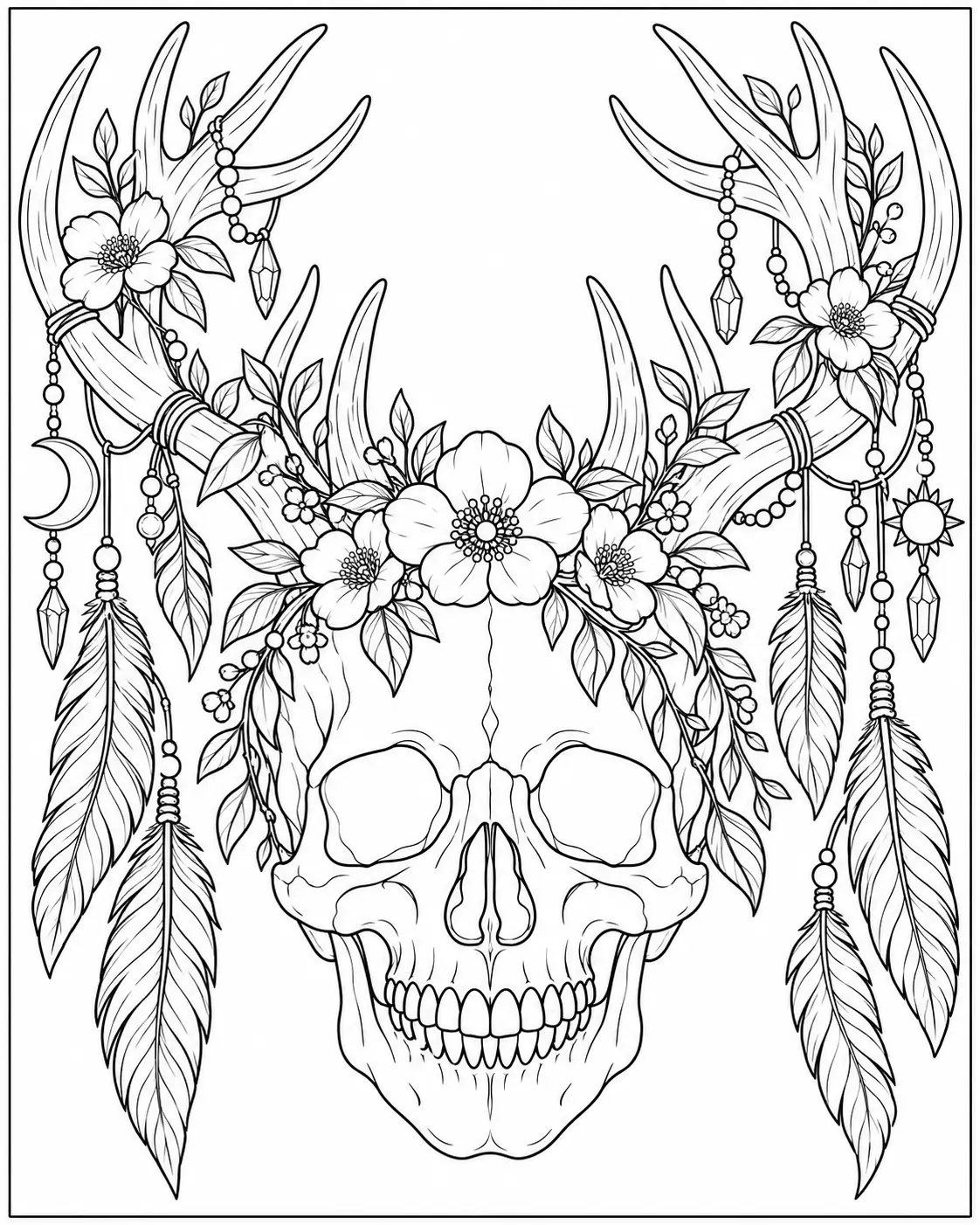 Skull with antlers and flowers coloring page for adults
