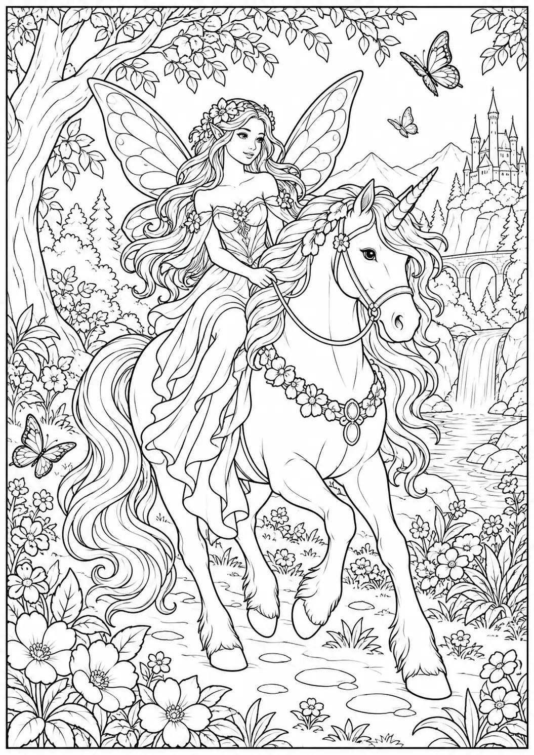 Fairy Riding a Unicorn coloring page for adults