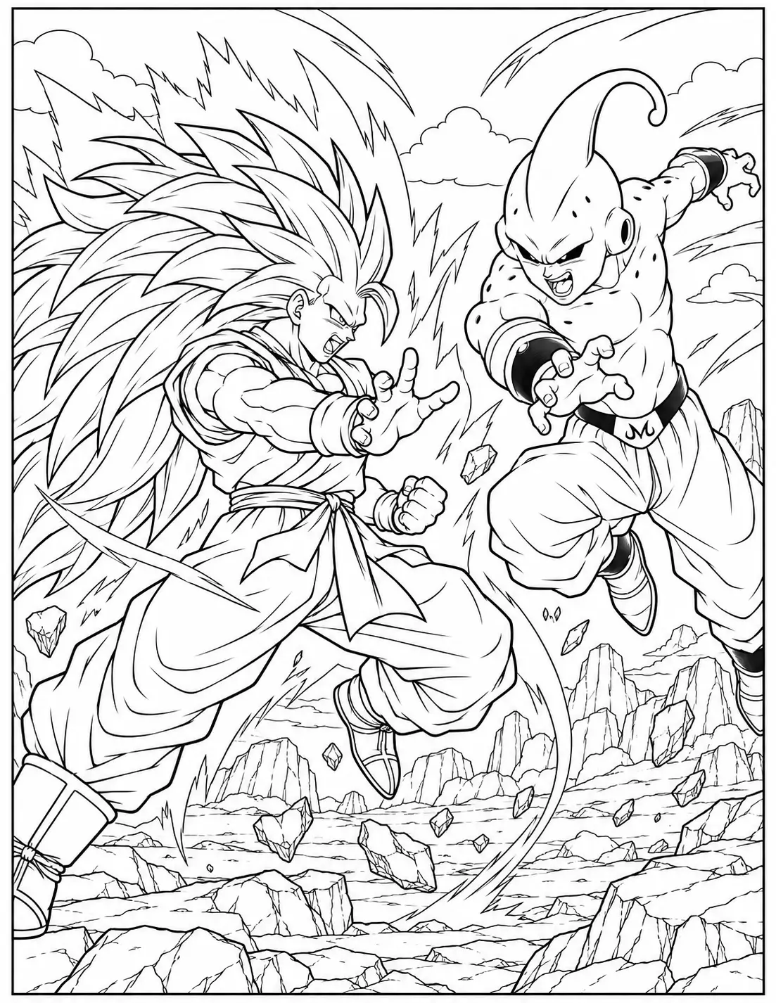 Super Saiyan 3 Goku battling Majin Buu coloring page