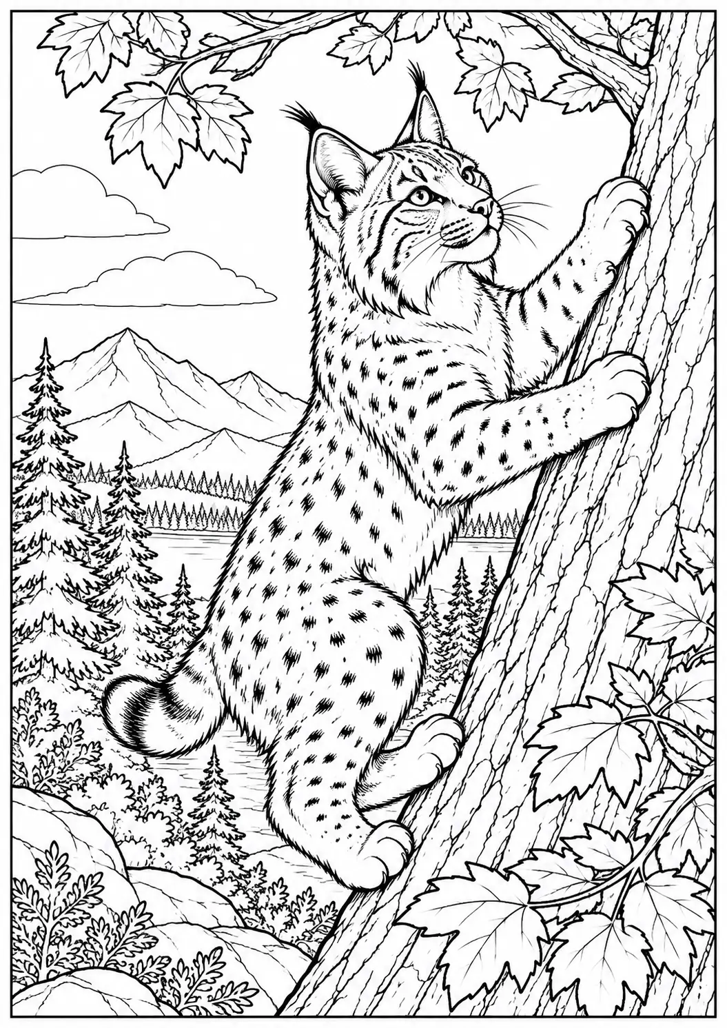 Bobcat climbing a tree with mountains and forest in the background coloring page