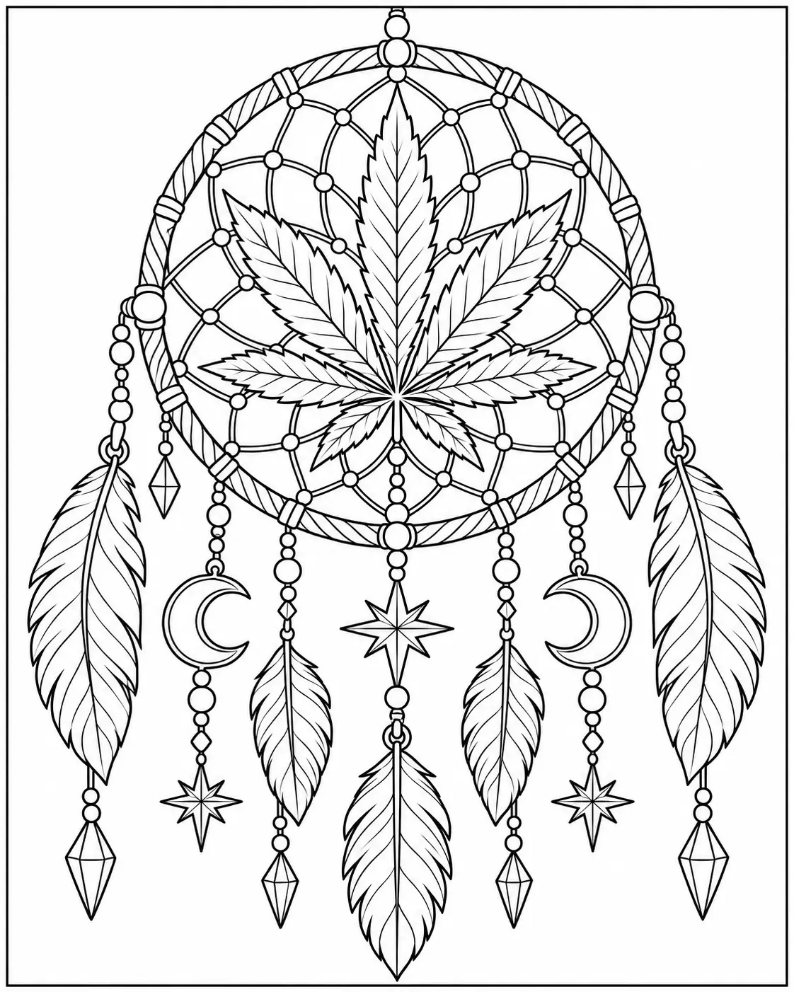 Cannabis leaf dreamcatcher with feathers moons and crystals coloring page