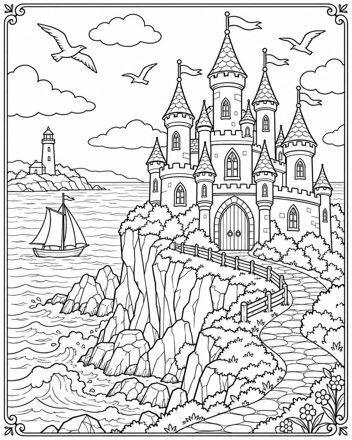 Castle by the sea on a rocky cliff with sailboat, lighthouse and seagulls coloring page