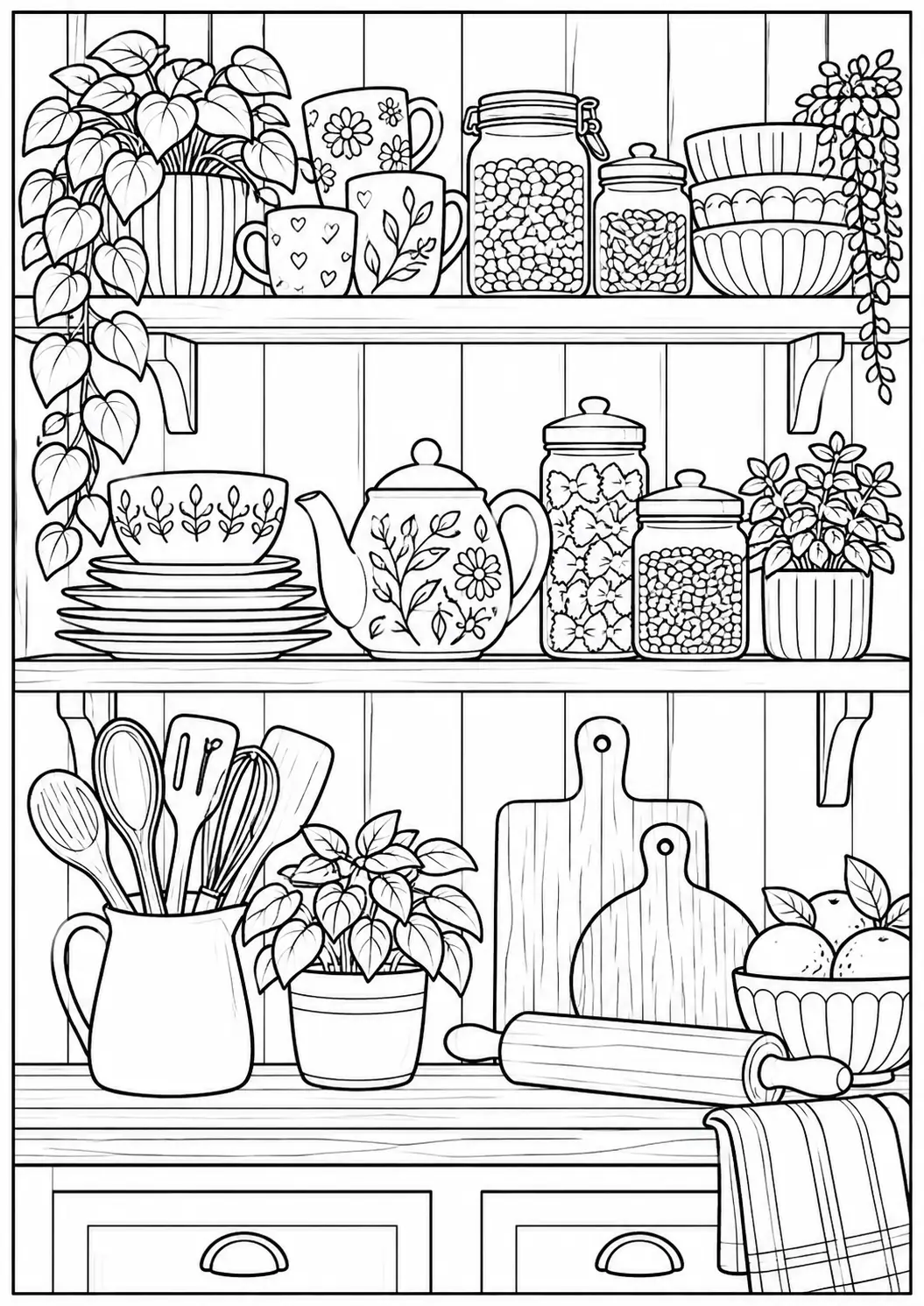 Cozy kitchen shelf coloring page for adults with cups, jars, a teapot, plants, and utensils