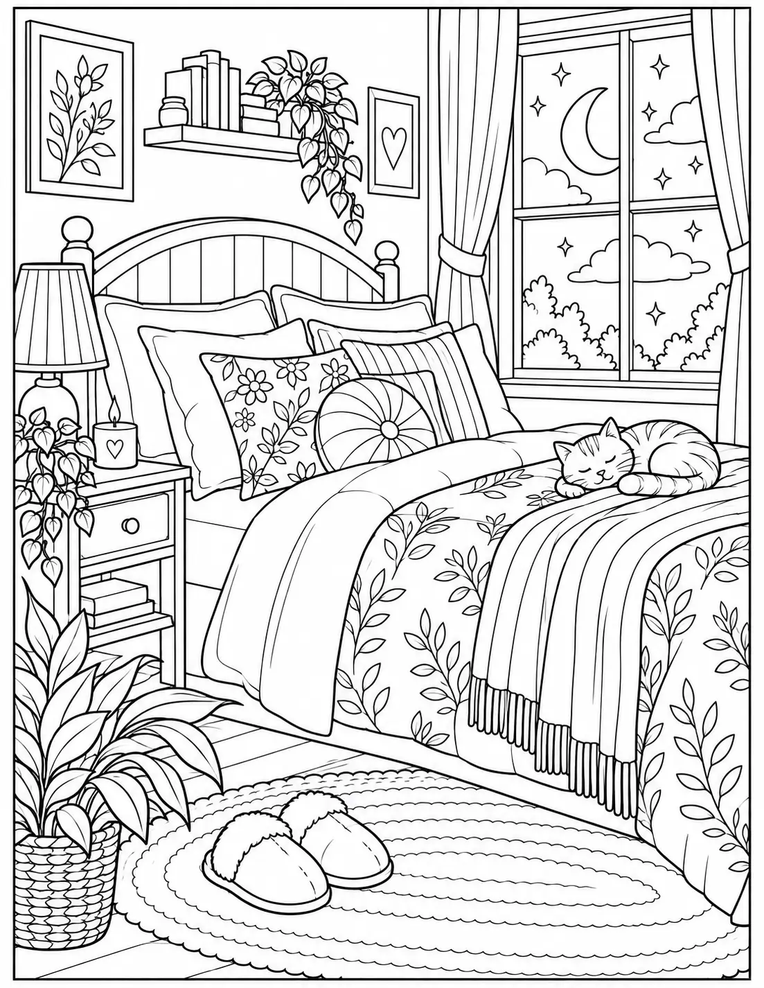 Peaceful moonlit bedroom recovery coloring page