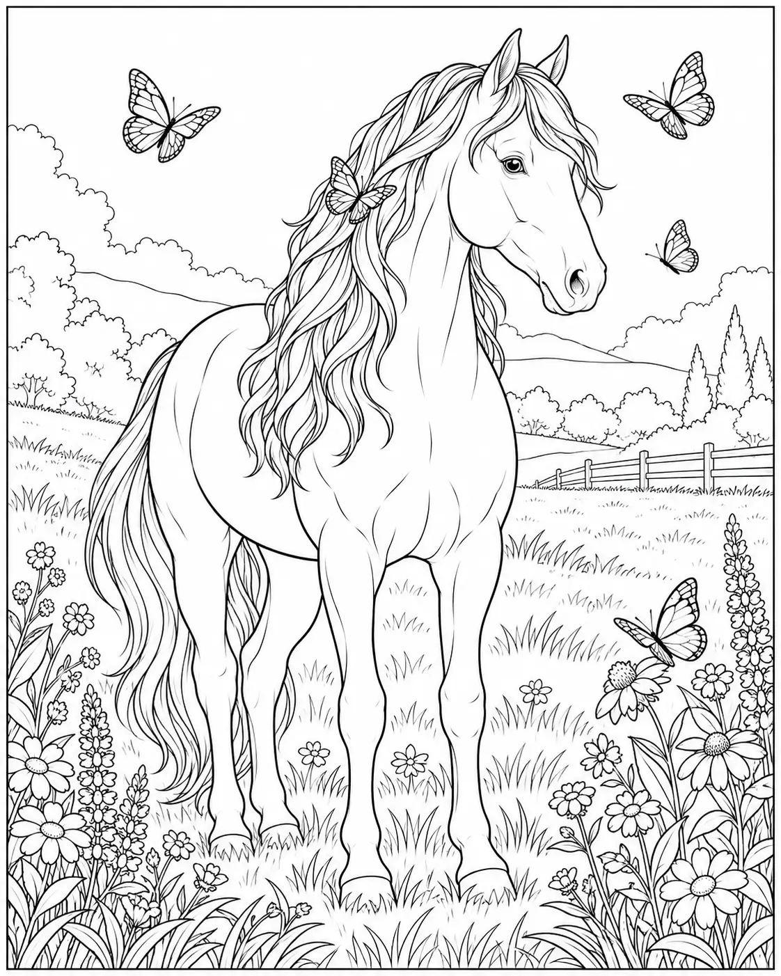 Horse in a flower meadow surrounded by butterflies coloring page