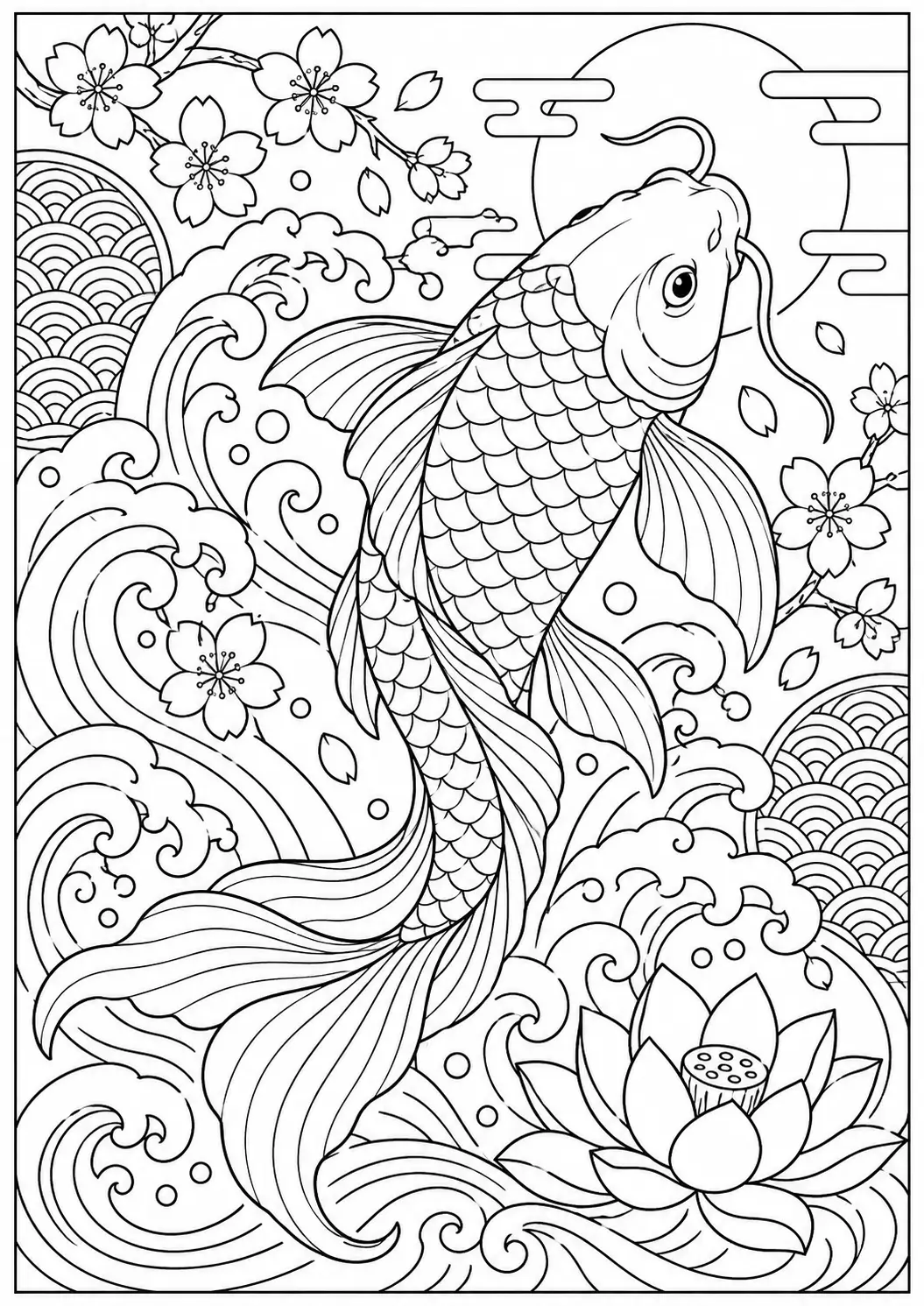 Japanese koi fish with waves and blossoms coloring page for adults