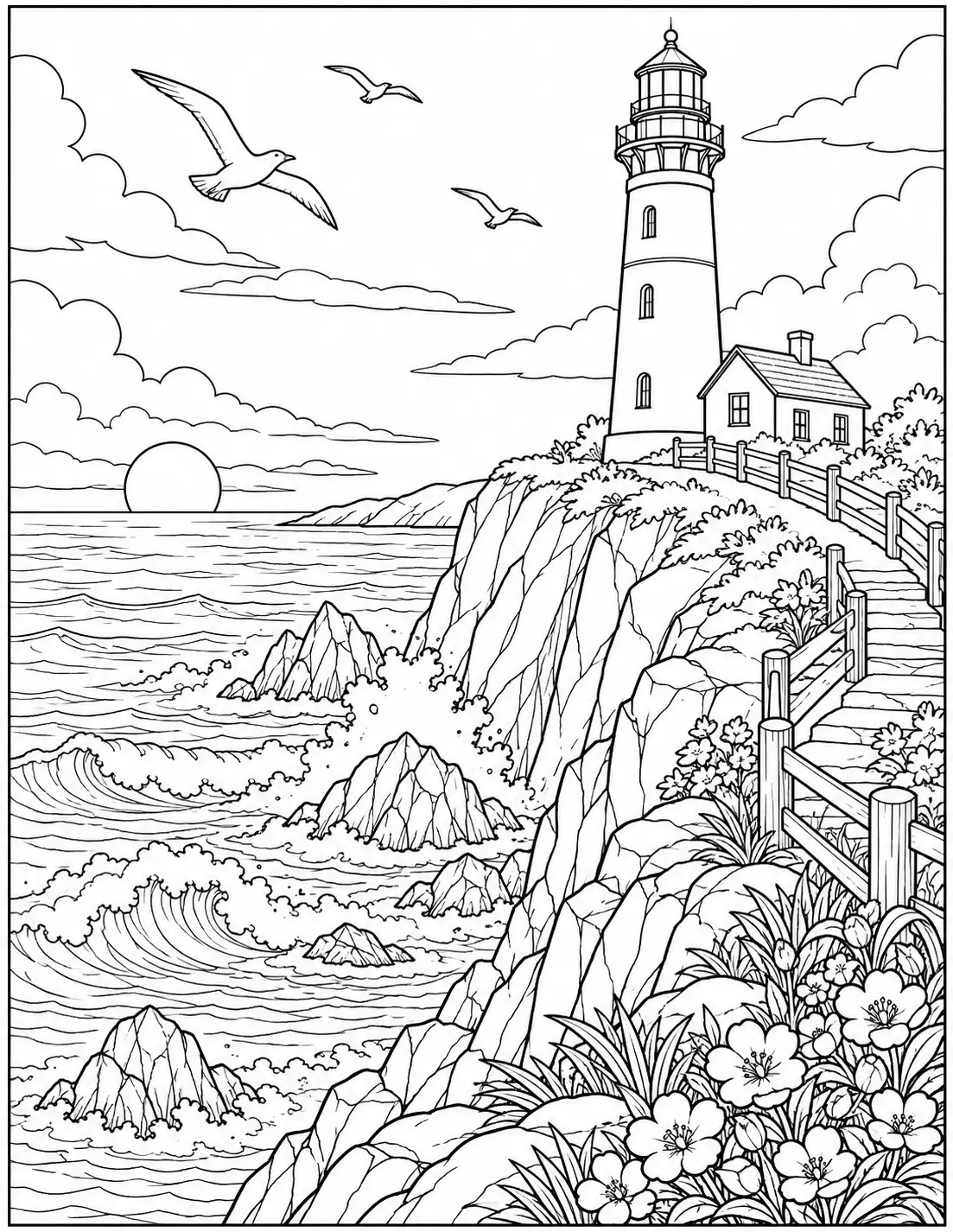 Lighthouse by the sea landscape coloring page