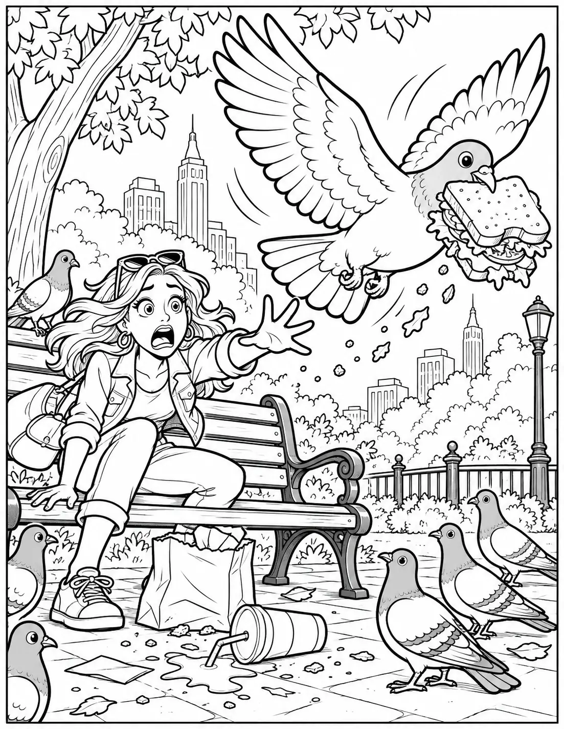 Funny adult coloring page of a pigeon flying away with a stolen sandwich