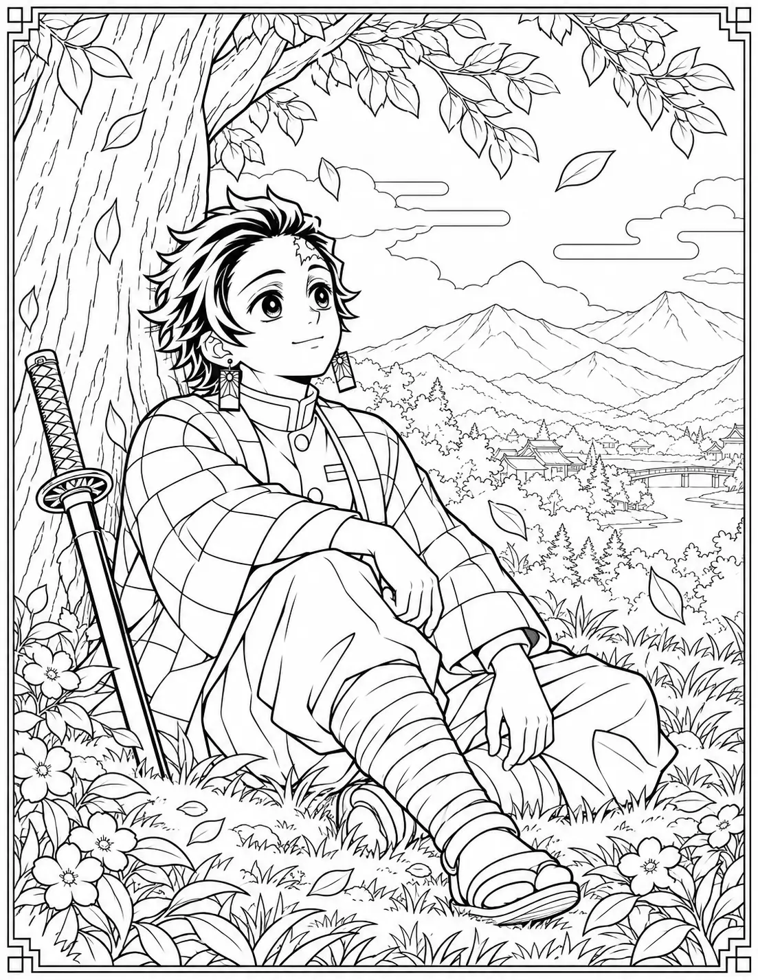 Tanjiro Kamado resting under a tree with mountain scenery coloring page