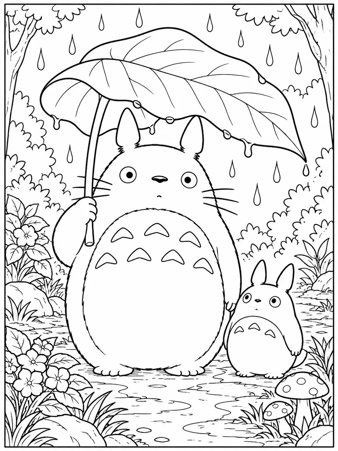 Totoro and a small Totoro under a large leaf umbrella in the rain coloring page