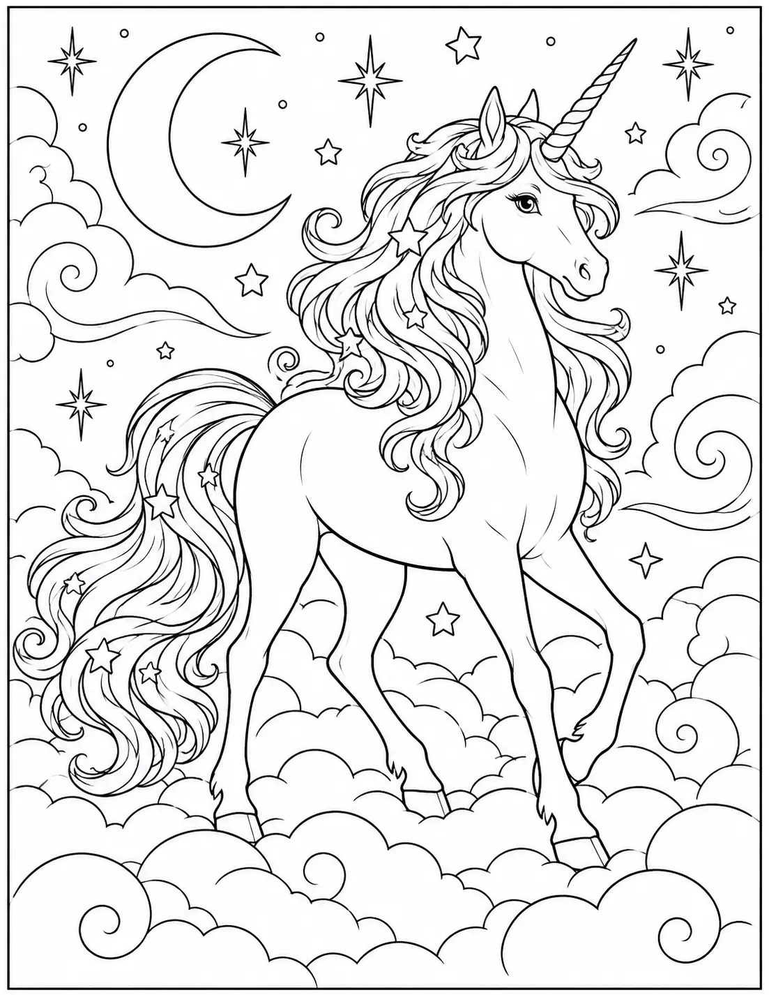 Unicorn walking among clouds moon and stars coloring page for adults