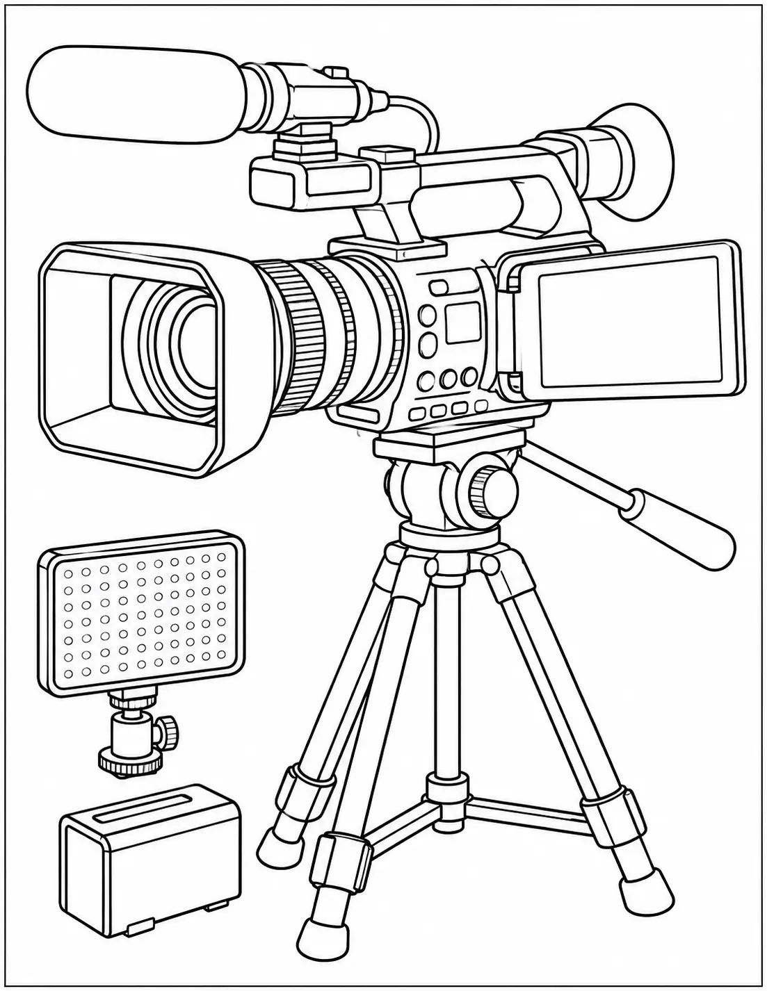 Professional video camera coloring page on tripod with microphone, screen, light, and battery