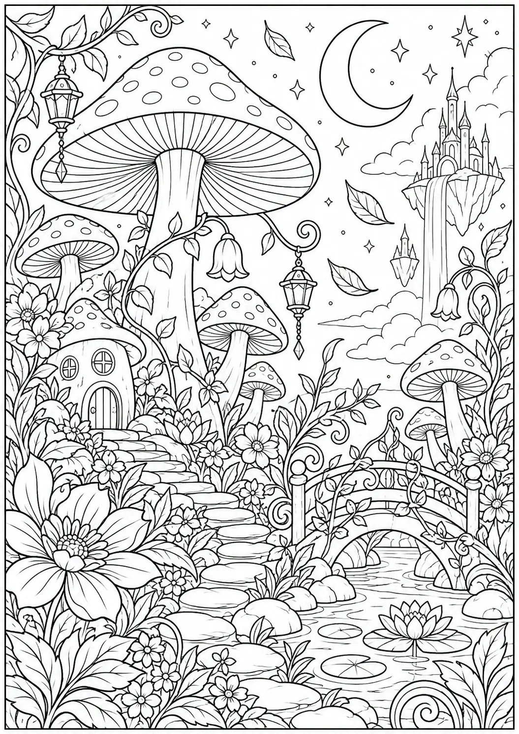 Magical mushroom garden coloring page with fantasy woodland details