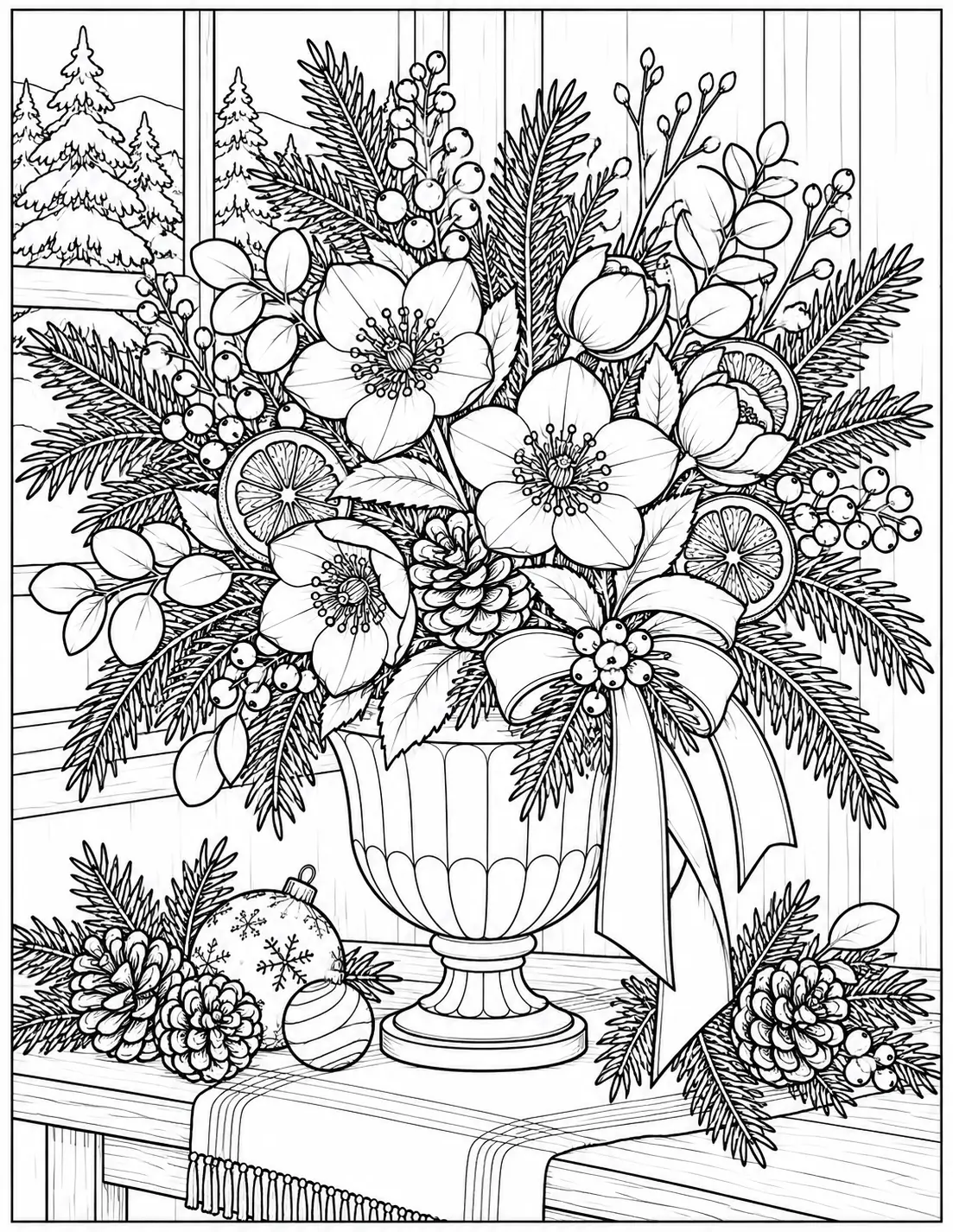 Winter floral arrangement with evergreen branches, berries, and pinecones coloring page
