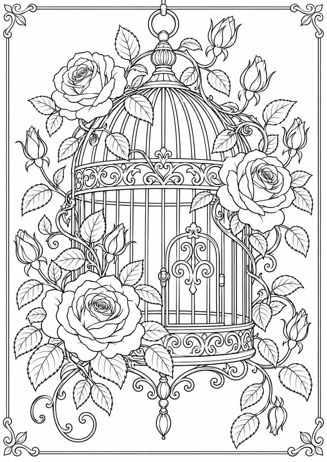 Rose and birdcage coloring page for adults