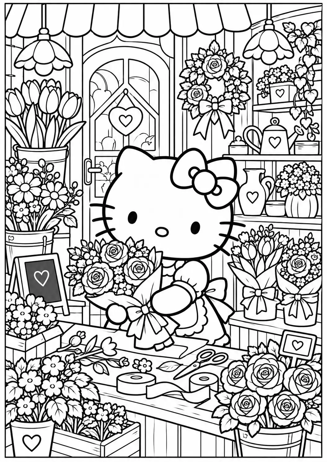 Hello Kitty flower shop coloring page for adults