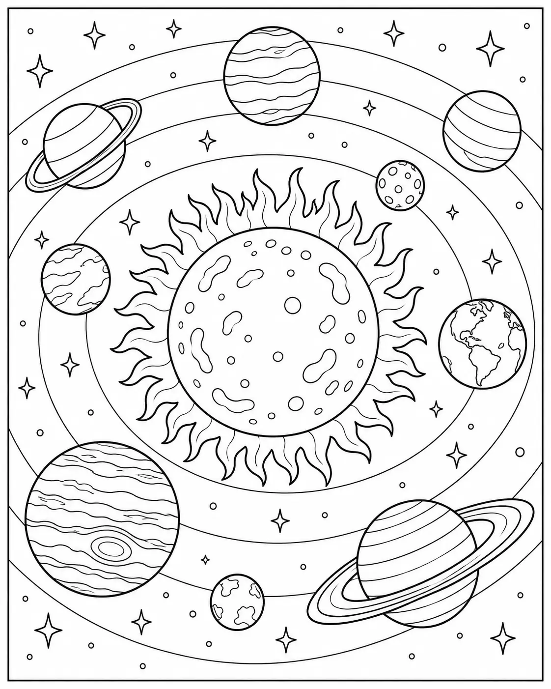 Planets orbiting around the Sun coloring page