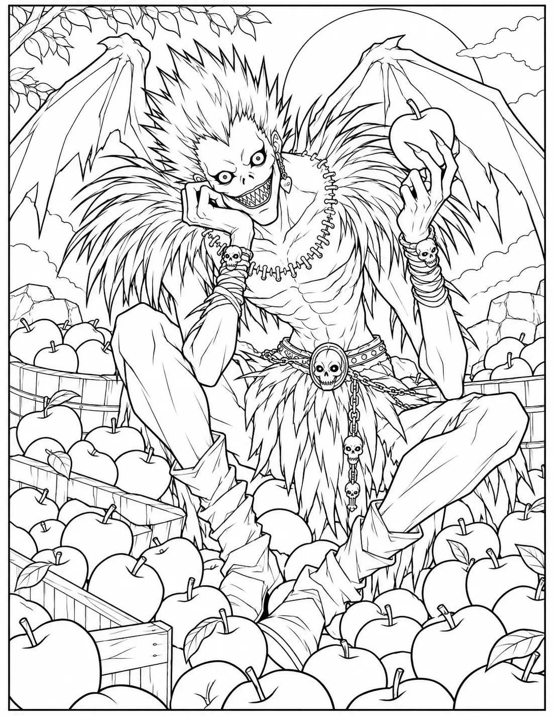 Ryuk surrounded by apples coloring page
