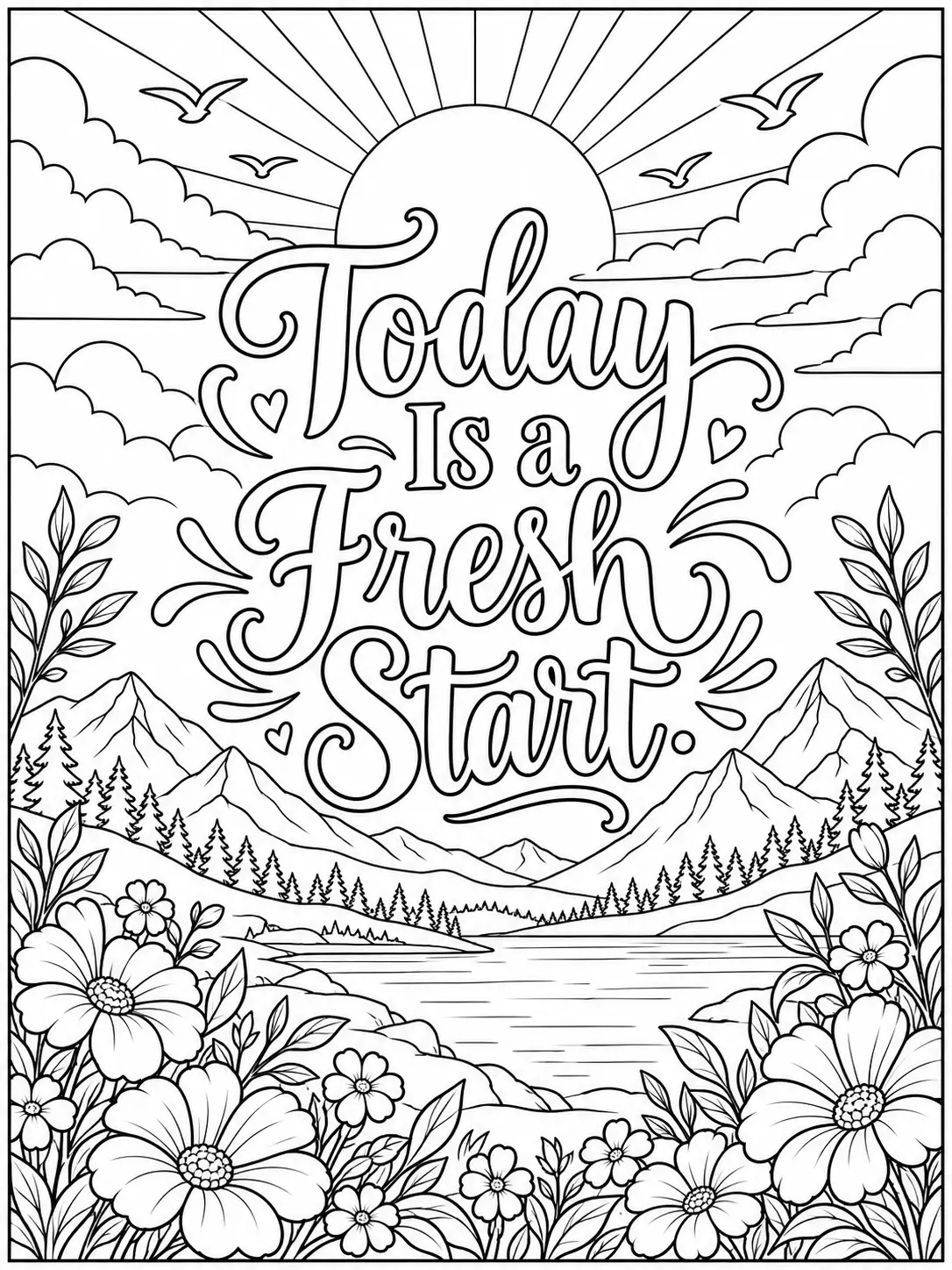 Today Is a Fresh Start quote coloring page with mountains, a lake, flowers, and sunrise