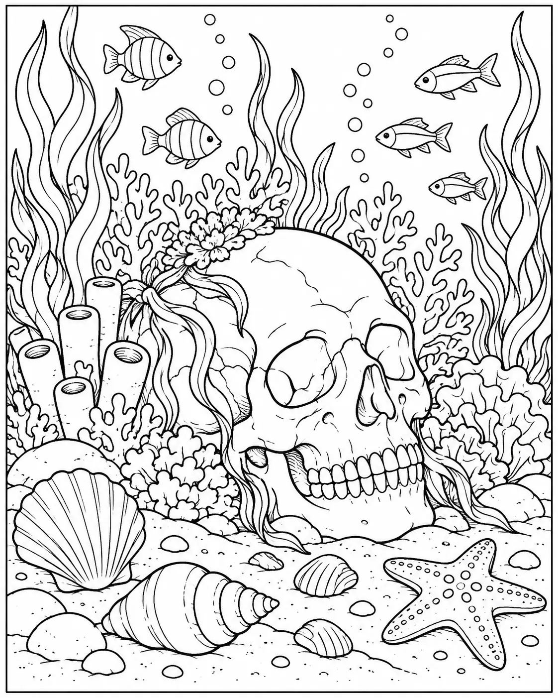 Underwater skull coloring page with coral and fish for adults
