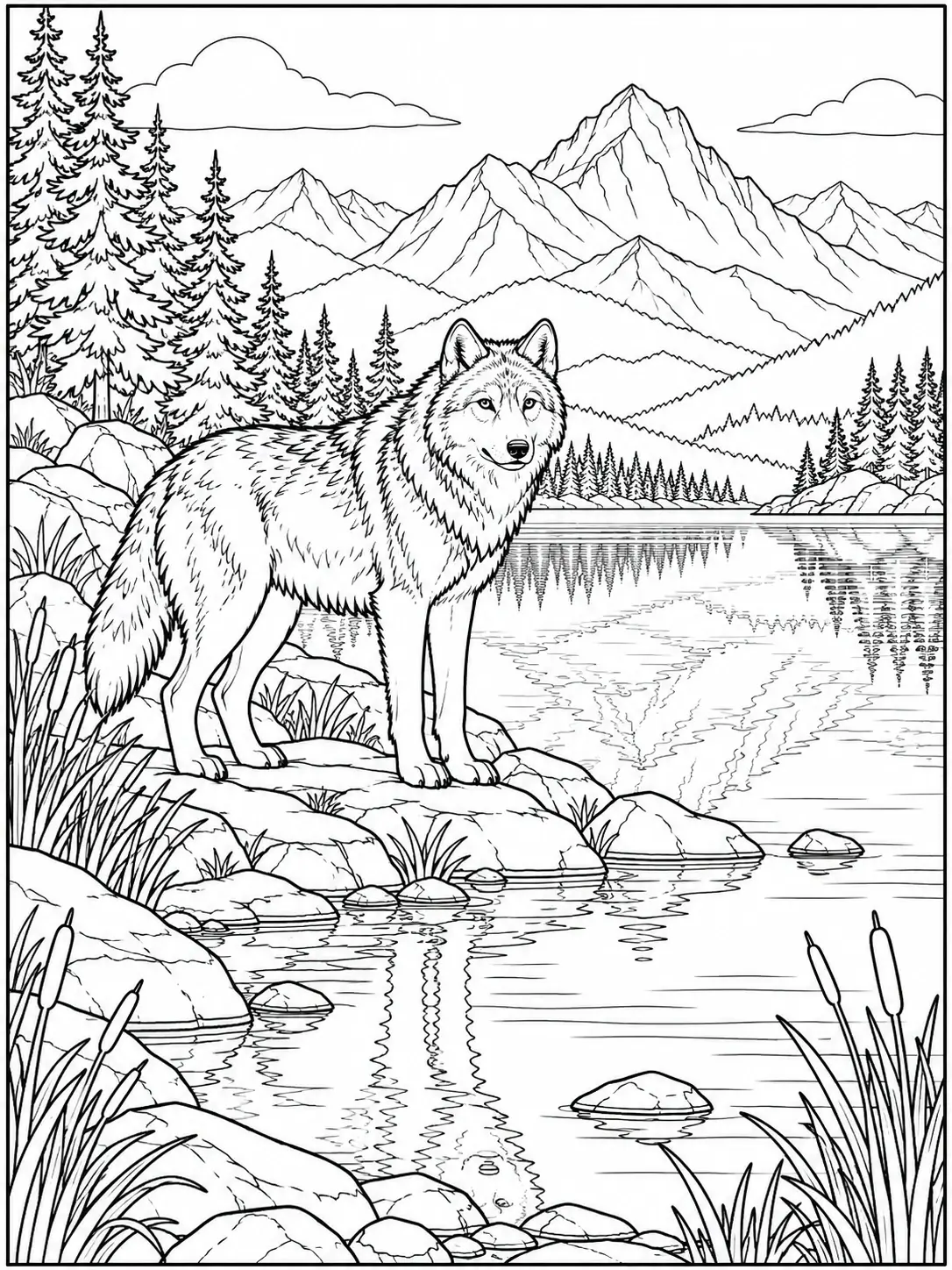 Wolf standing beside a mountain lake with pine trees and reflection coloring page