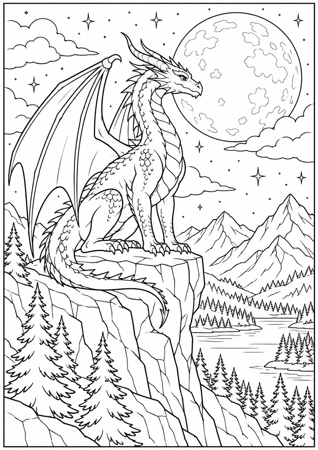 Dragon Under the Full Moon coloring page for adults