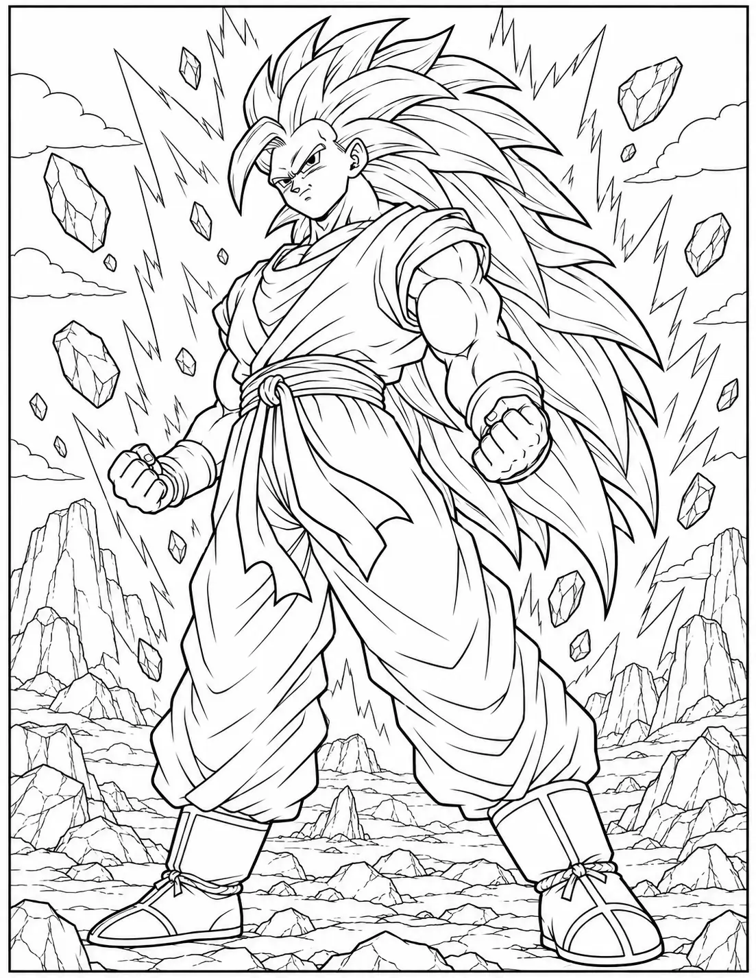 Super Saiyan 3 Goku powering up with long hair and energy aura coloring page