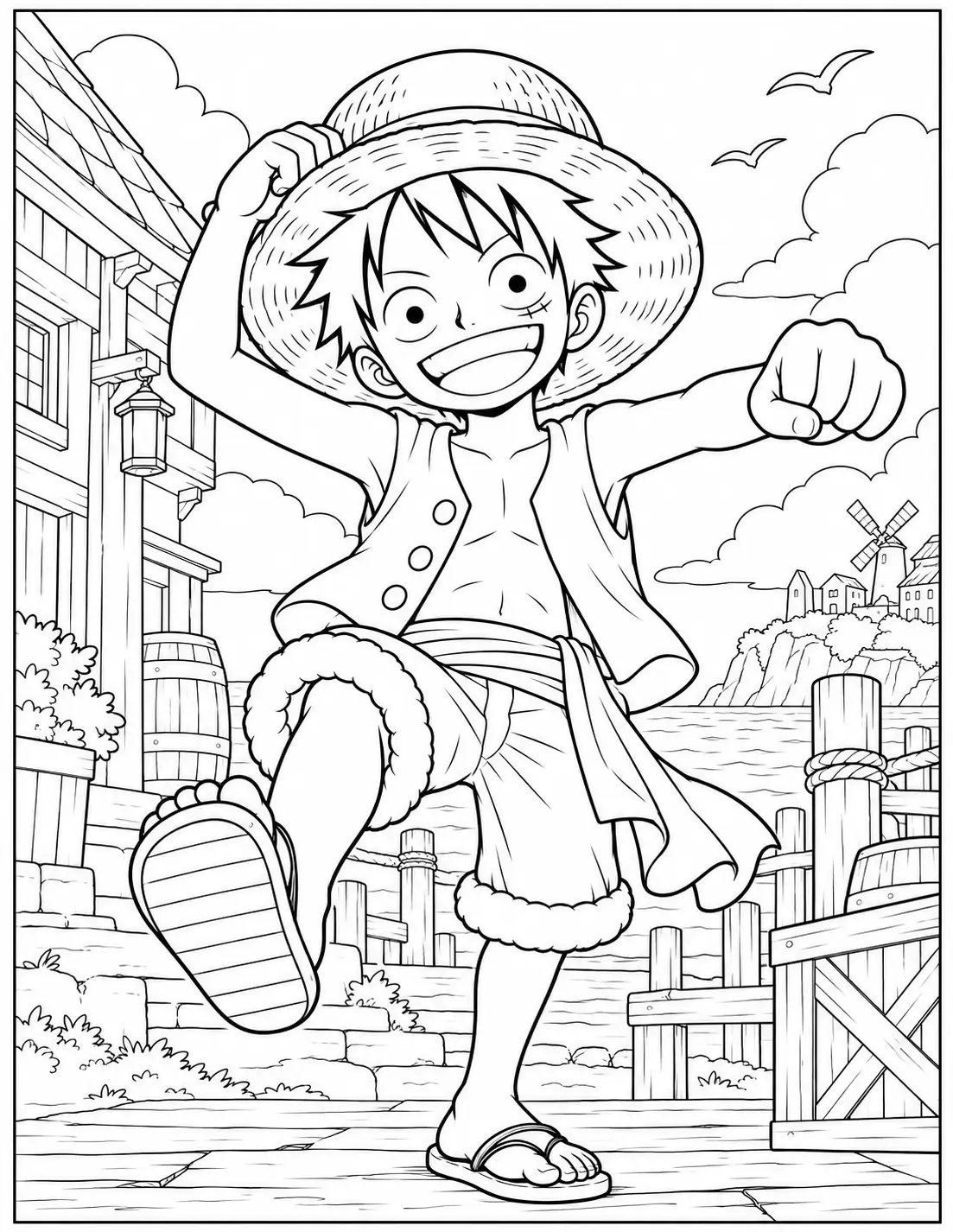 Young Monkey D. Luffy wearing his straw hat coloring page