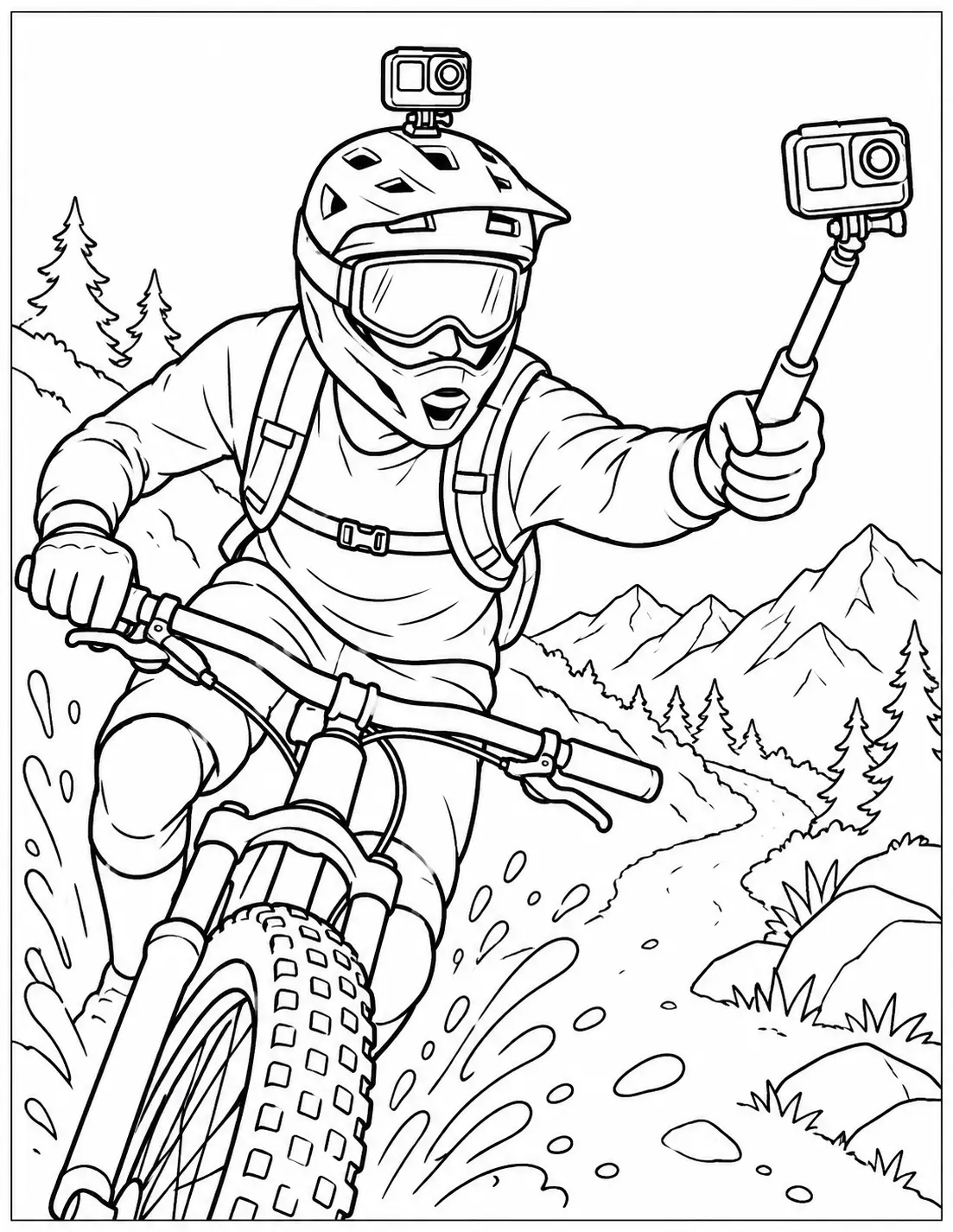 Action camera coloring page with mountain biker filming on a trail