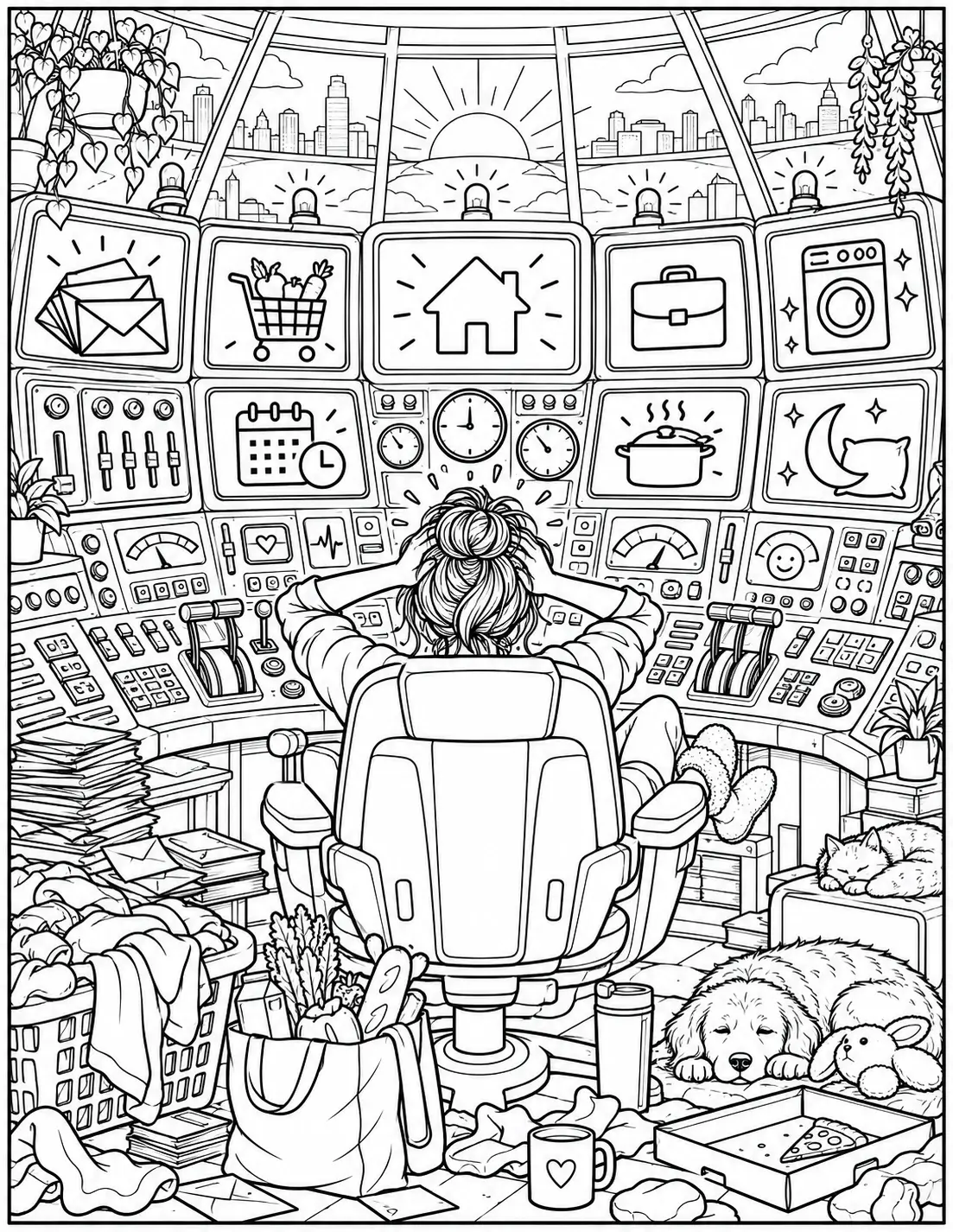 Funny adult coloring page of a woman overwhelmed at an adulting control room
