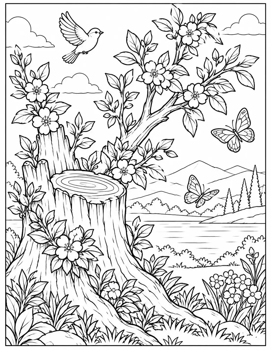 New growth blooming from an old tree stump recovery coloring page