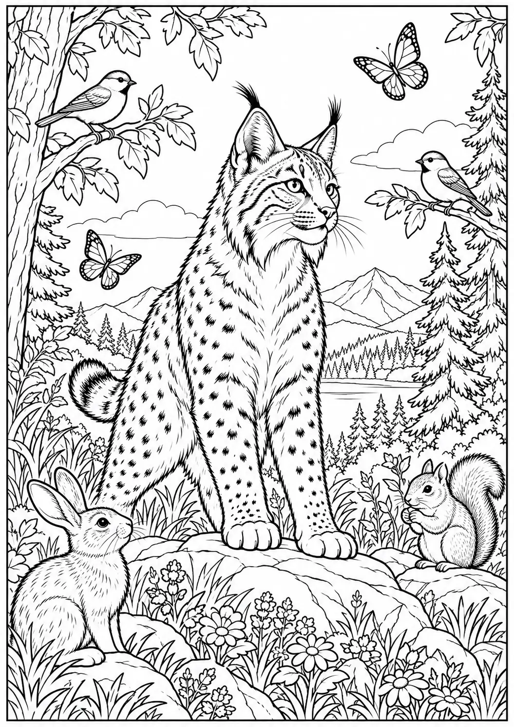 Bobcat with rabbit, squirrel, birds, and butterflies in a forest scene coloring page