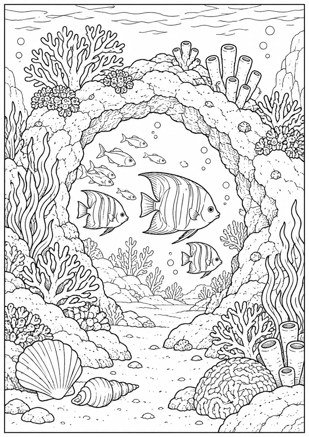 Fish swimming through a coral arch coloring page for adults