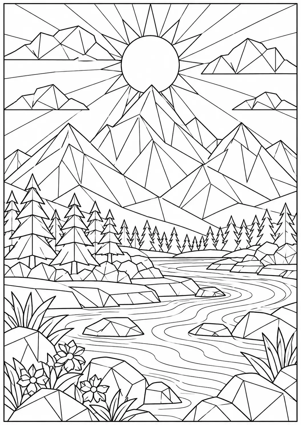 Geometric mountains and river coloring page for adults