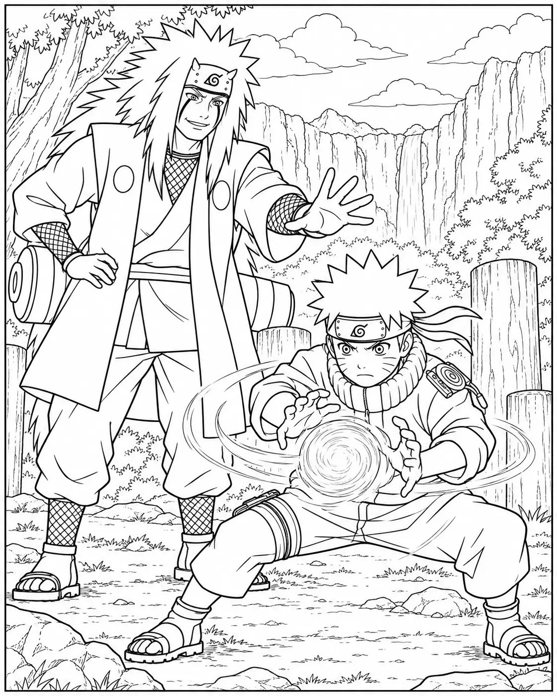Jiraiya and Naruto training coloring page