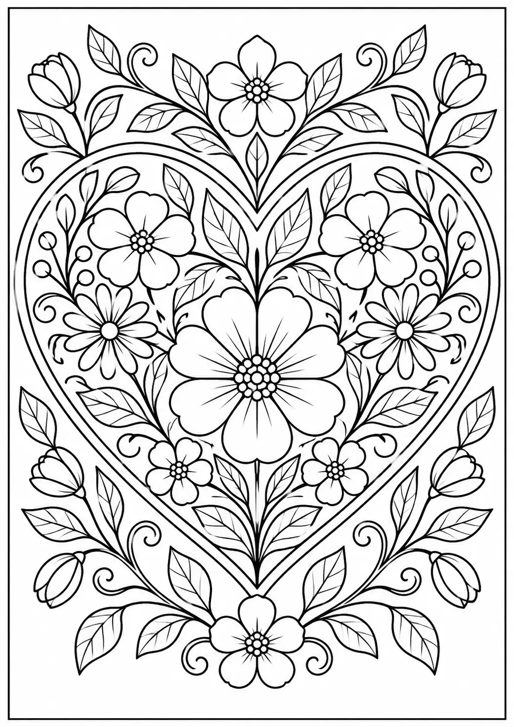 Large floral heart coloring page for adults with flowers and leaves