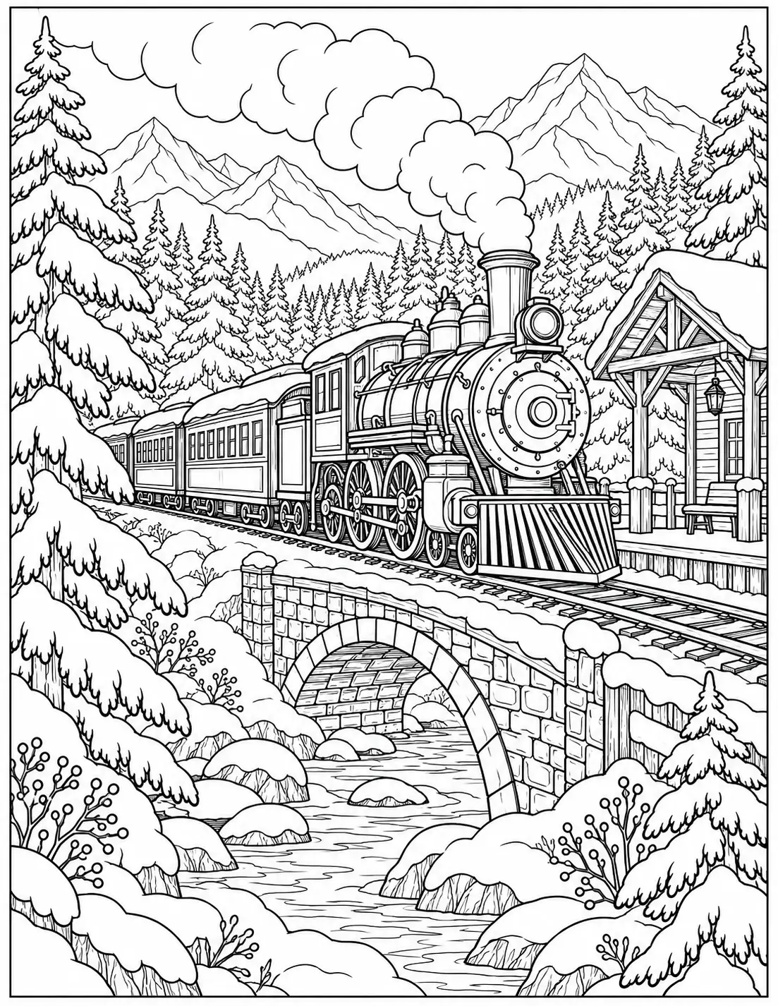 Old-fashioned steam train in snowy mountains coloring page for adults