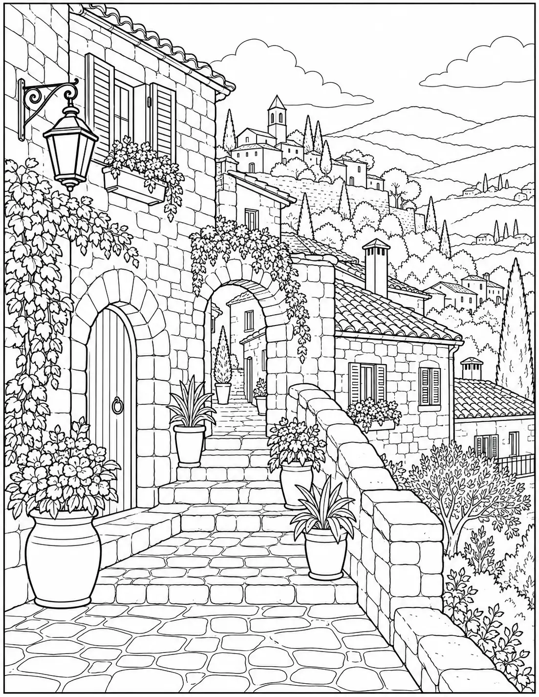 Old stone village landscape coloring page