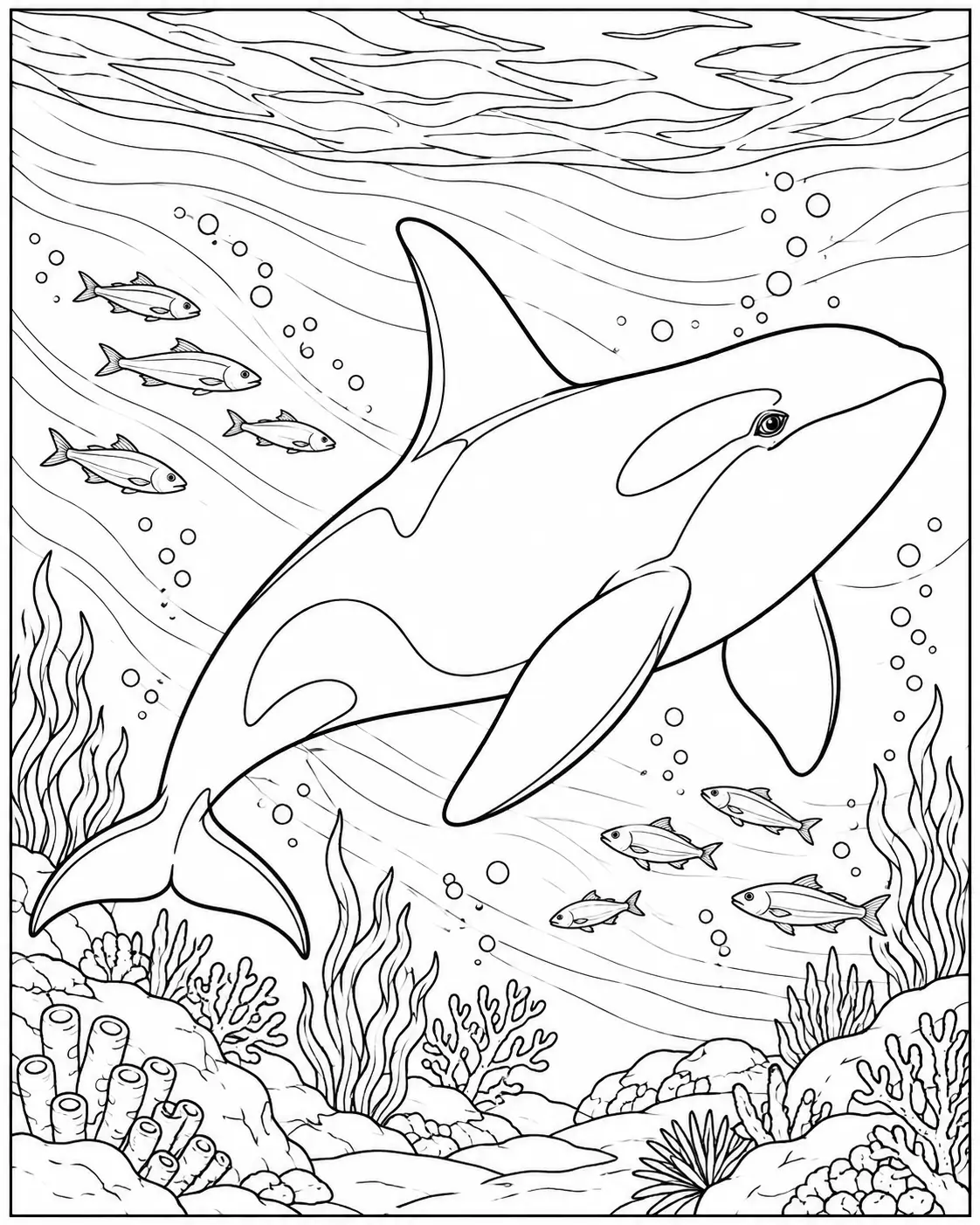 Orca swimming in the open ocean coloring page