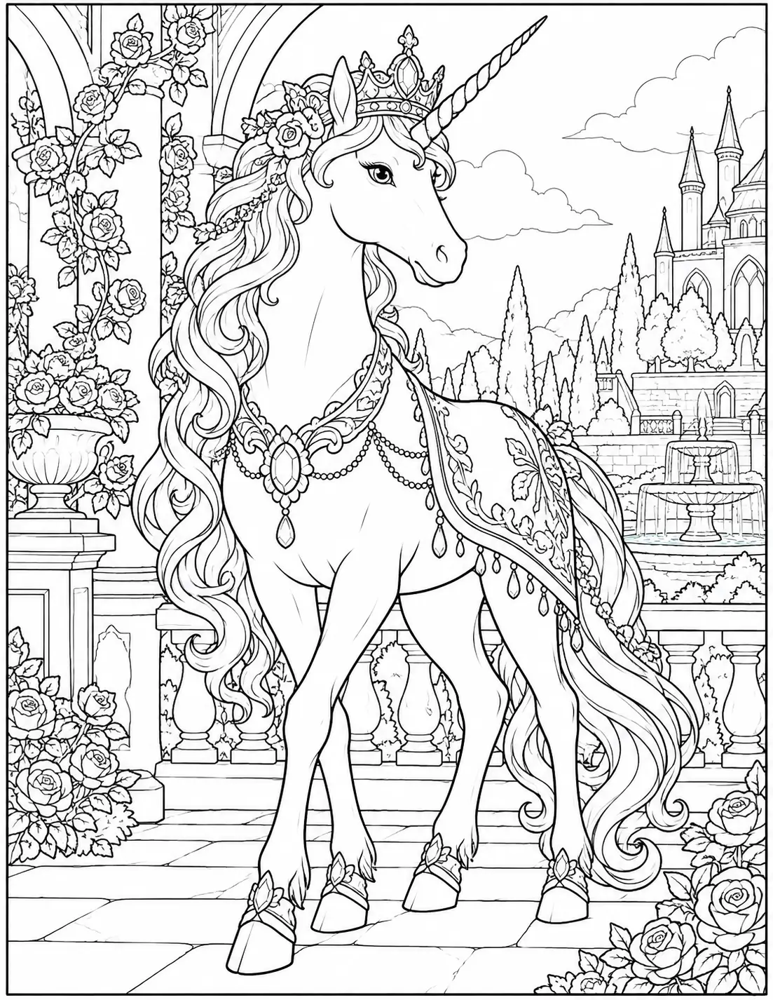 Royal unicorn wearing a crown in a palace garden coloring page for adults