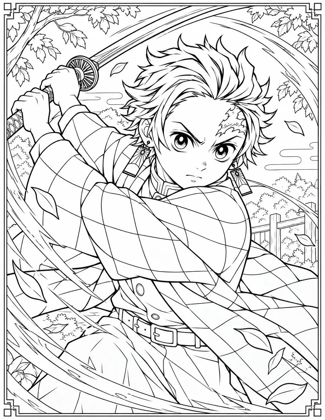 Tanjiro Kamado performing a dynamic sword strike coloring page