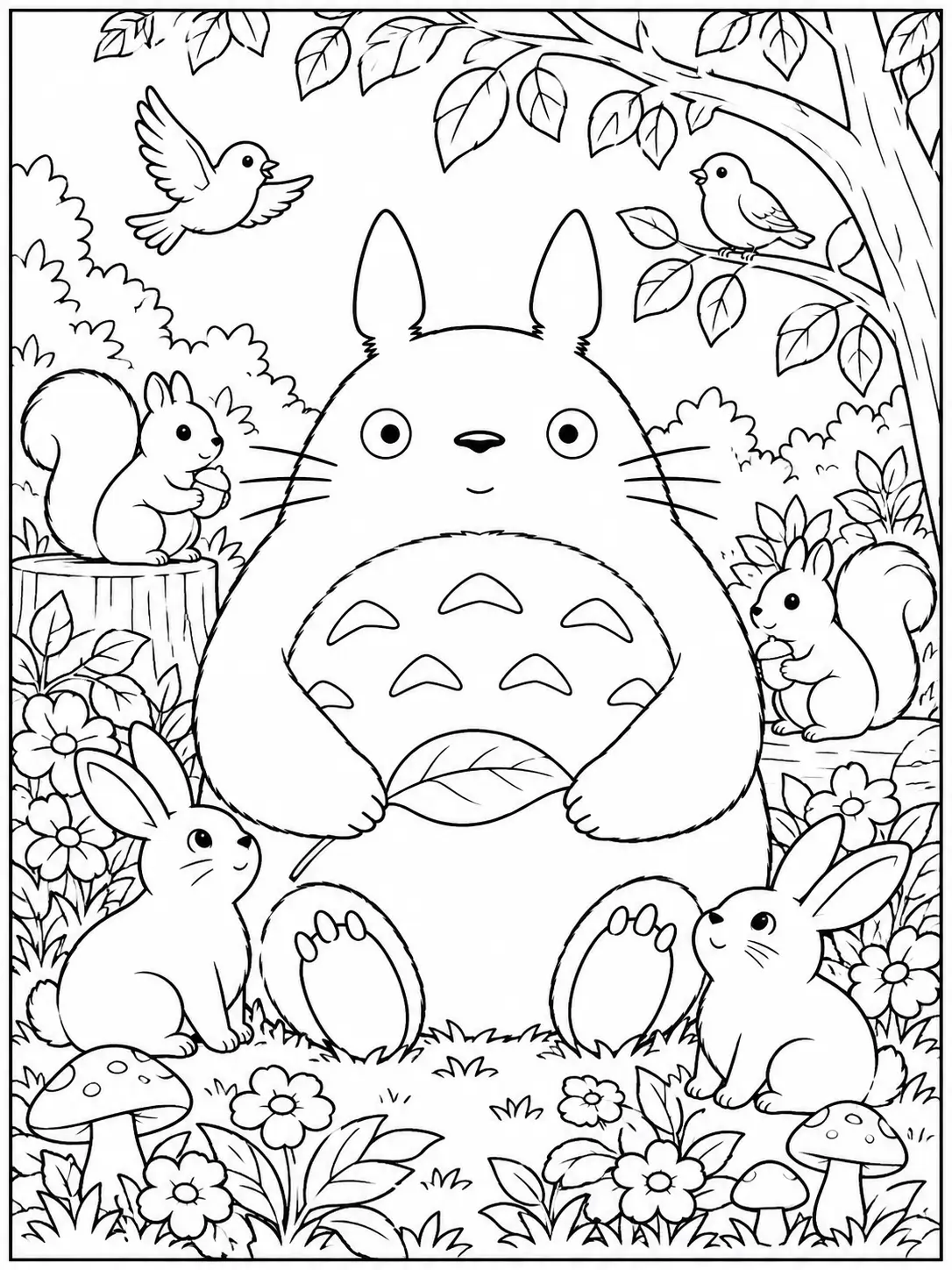 Totoro with rabbits, squirrels and birds in the forest coloring page