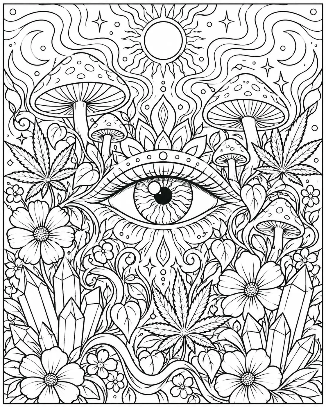 Trippy eye garden with mushrooms cannabis leaves flowers and crystals coloring page