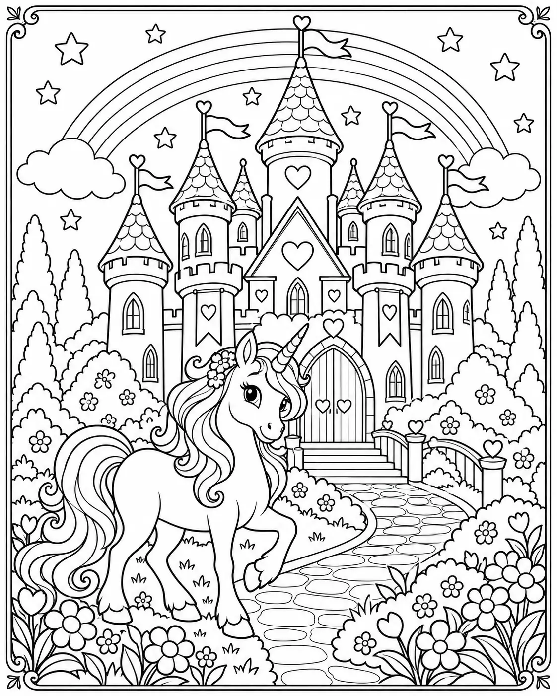 Unicorn in a flower garden in front of a fairy-tale castle and rainbow coloring page