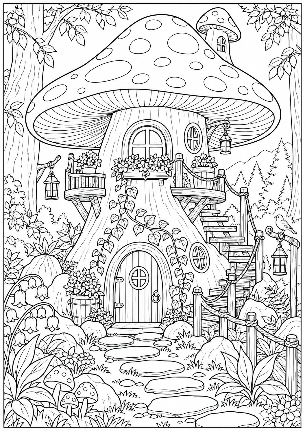 Mushroom treehouse coloring page with stairs and lanterns