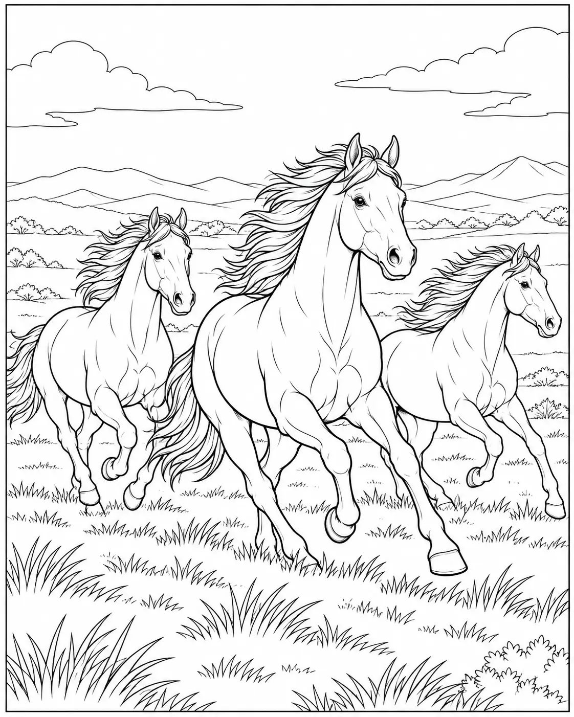 Three wild horses running together across open grassland coloring page