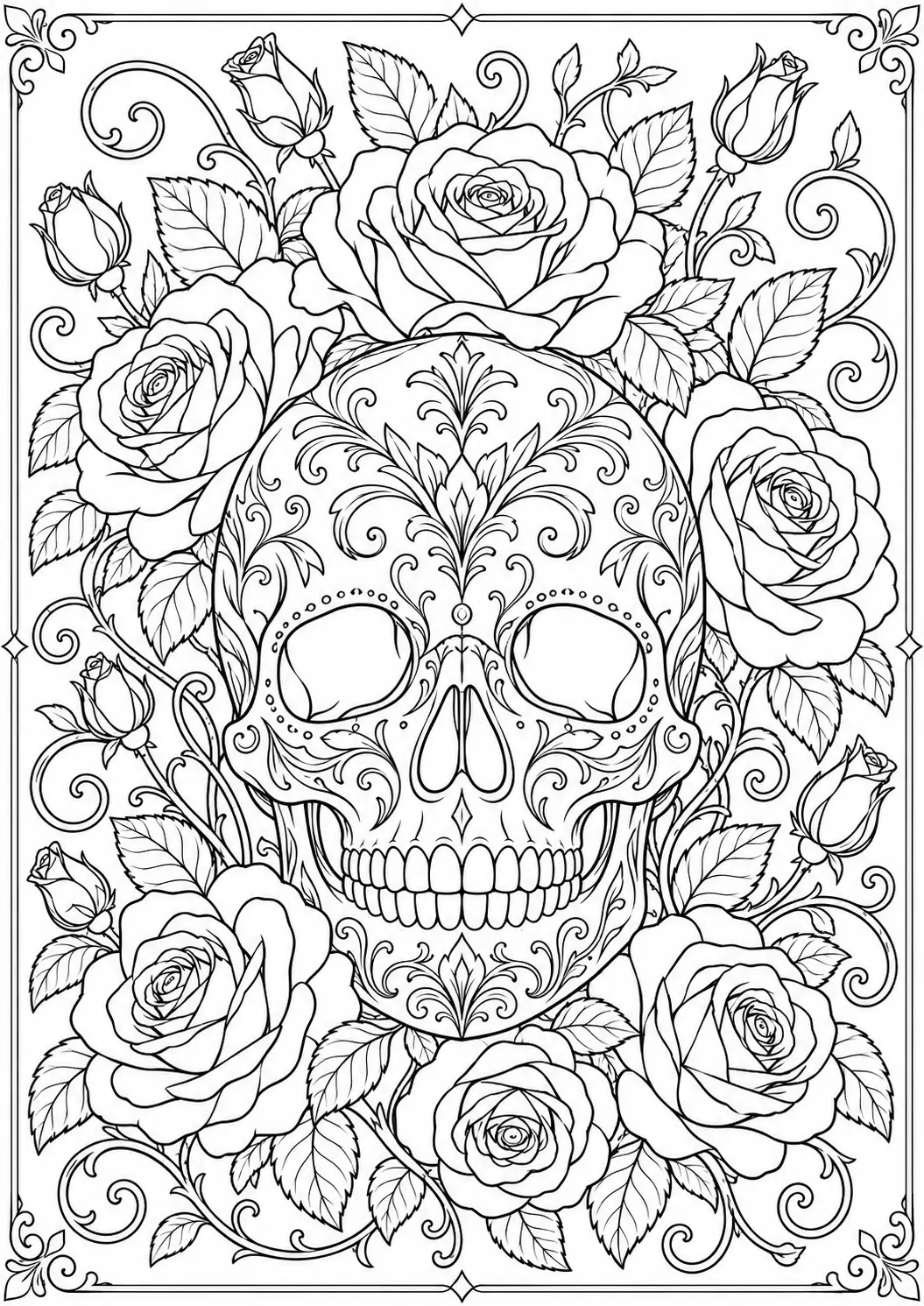 Skull surrounded by roses coloring page for adults