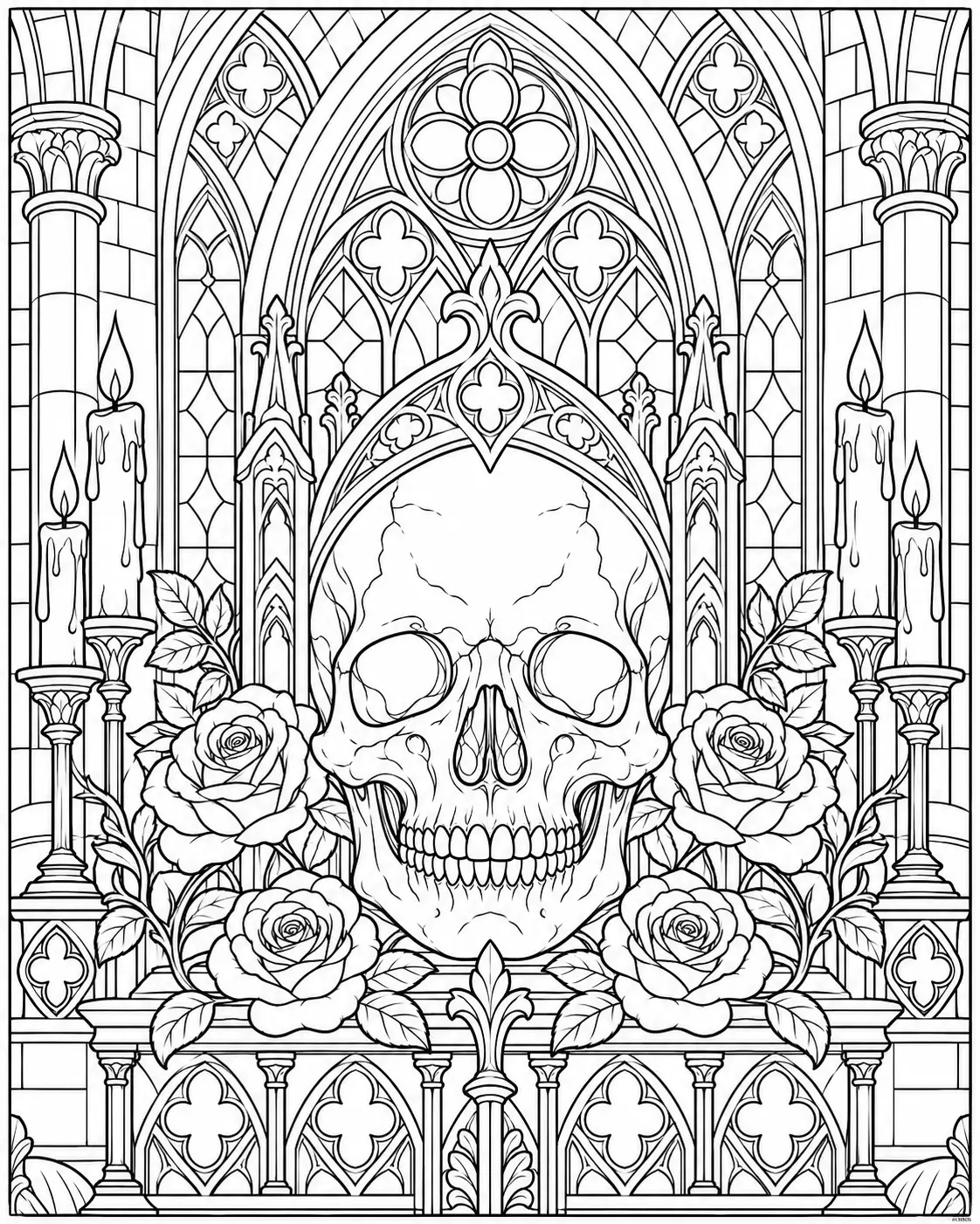 Gothic cathedral skull coloring page for adults
