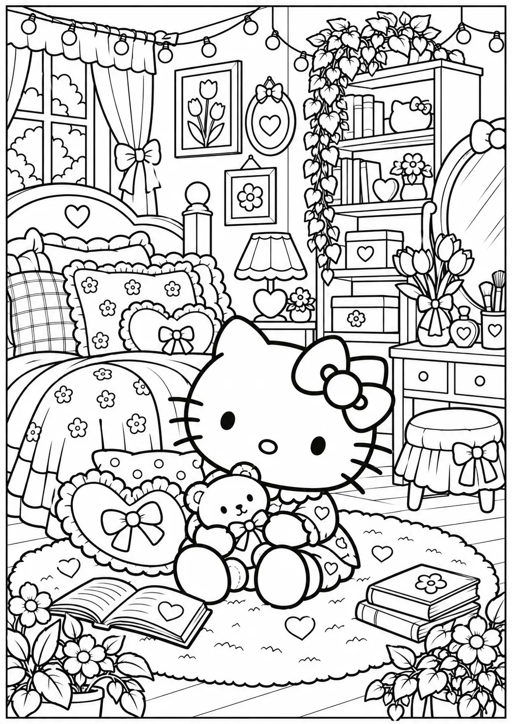 Hello Kitty cozy bedroom coloring page for adults